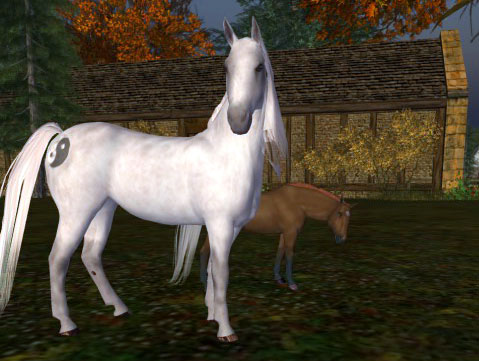 Majestic grey DMB starter horse stands in the foreground, while a chestnut DMB horse grazes in the background.